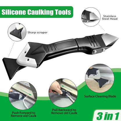 3 in 1 Caulking Tool, Silicone Sealant Finishing Tool, Caulk Remover Kit | Multi-functional set with grout scraper, silicone pads and caulk finishing tools for bathroom, kitchen, tub and tile sealing.
