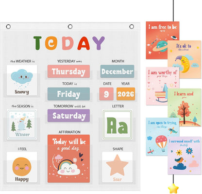 Daily Morning Board Circle Time Calendar Weather Seasons Positive Affirmations Letter Shape Number of the Day Pocket Chart,Toddler Preschool Calendar,Homeschool Morning Work Activity, Pastel Design