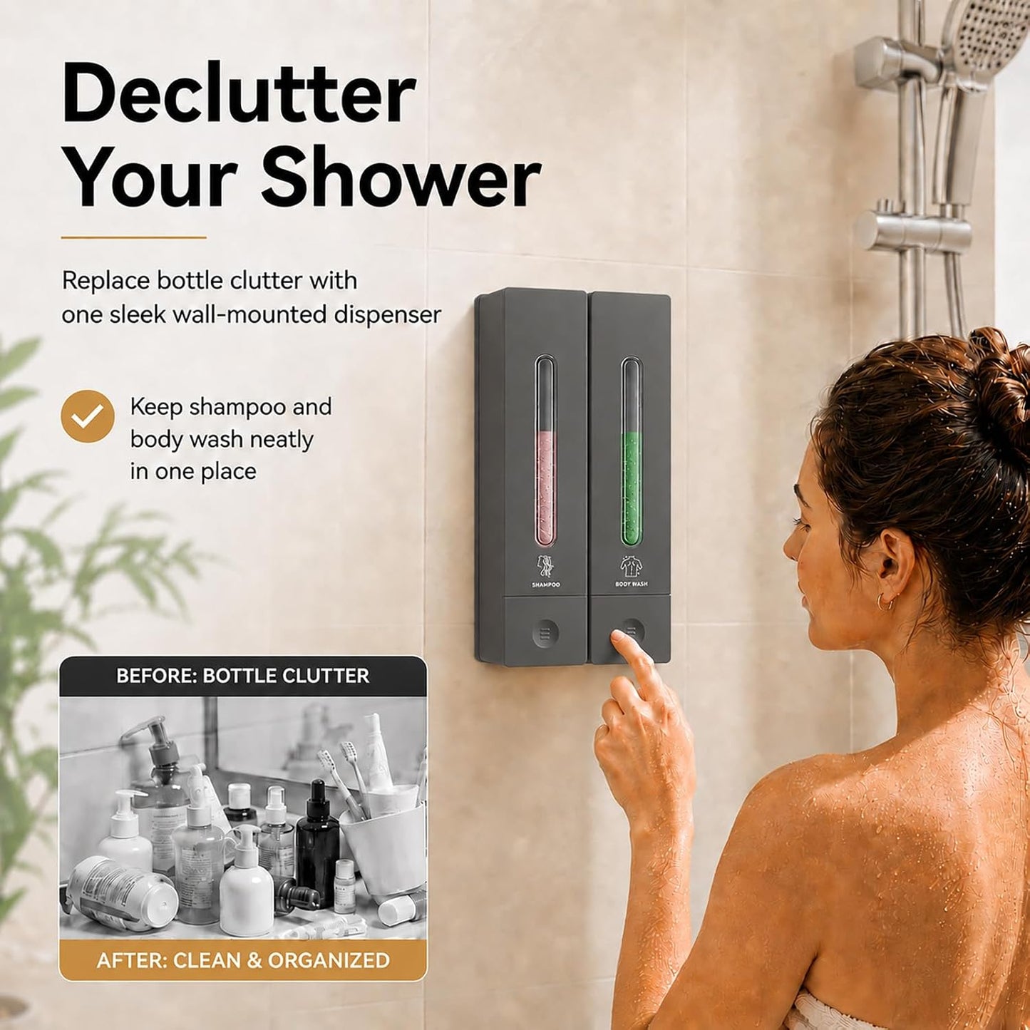 Shampoo and Conditioner Dispenser - Wall-Mounted 3-Chamber Shower Soap Dispenser, No-Drill, 1200ML Capacity, for Bathroom & Hotel
