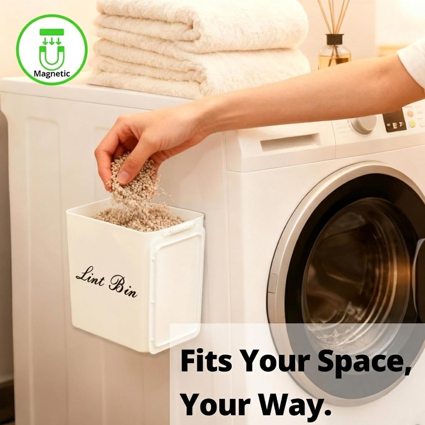Artilife Magnetic Dryer Lint Bin with Lid, 6 x 5 in White ABS Plastic | Compact 1.8L dryer lint holder mounts to metal appliances without tools; fitted lid hides lint and sheets for laundry room