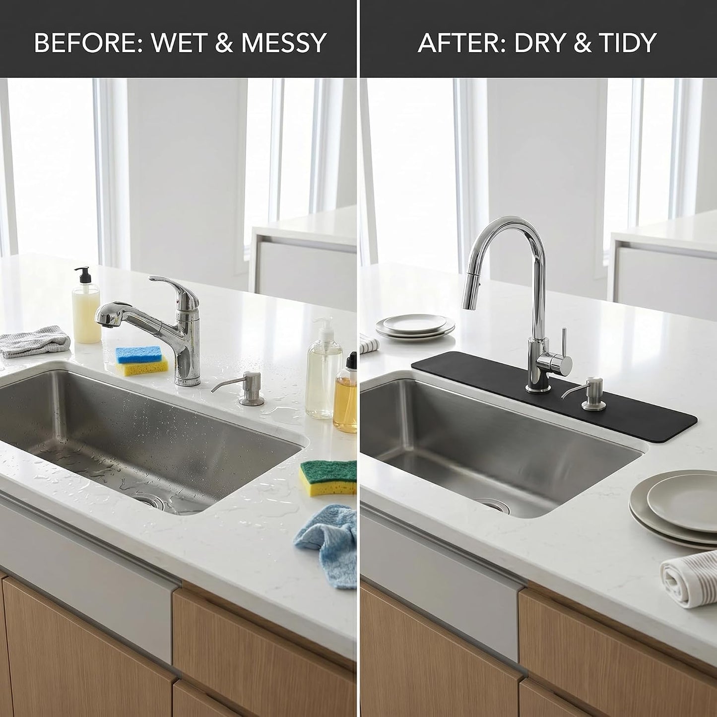 Absorbent Kitchen Sink Faucet Mat for 2-Hole 8" On-Center Faucets 30"x5.5" | Fits Sink with Soap Dispenser, Air Gap or Side Sprayer - Cuttable Drip Catcher Splash Guard for Irregular & 3, 4 Hole Sinks