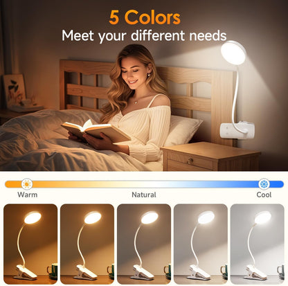 Mubarek Clip on Lamp,5 Brightness+5 Color Clip on Light,200LM 36 LED Reading Lights for Books in Bed,1800mAh Battery Powered Lamp Battery Operated Lights,Rechargeable Desk Lamp with Clamp Light