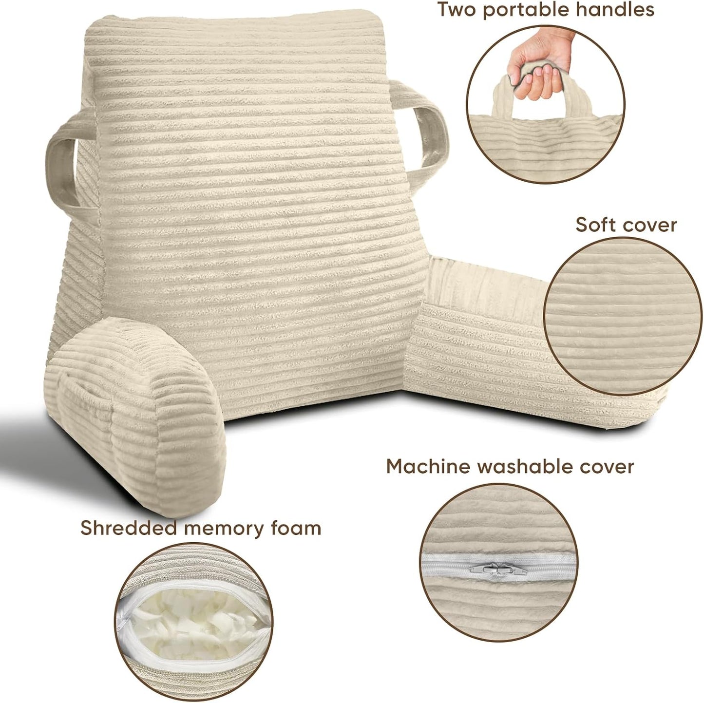 Reading Pillow for Sitting in Bed Adult, Memory Foam, Pockets | Shredded Memory Foam Backrest, Back Pillow with Arms and Pockets, Provide Comfort for Reading and Gaming in Bed, Black