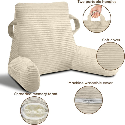 Reading Pillow for Sitting in Bed Adult, Memory Foam, Pockets | Shredded Memory Foam Backrest, Back Pillow with Arms and Pockets, Provide Comfort for Reading and Gaming in Bed, Black
