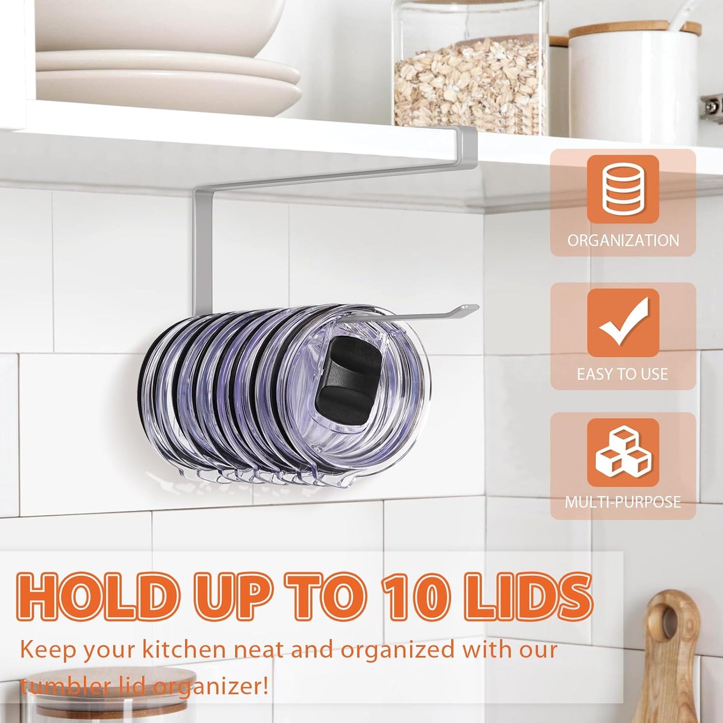 Tumbler Lid Organizer, Versatile Tumbler Lid Storage Holds 10 Lids, Black | Space Saving Cup Lid Organizers Inside Cabinet Tumbler Lid Hook for Kitchen Organizer and Storage, Paper Towel Rack Hanger