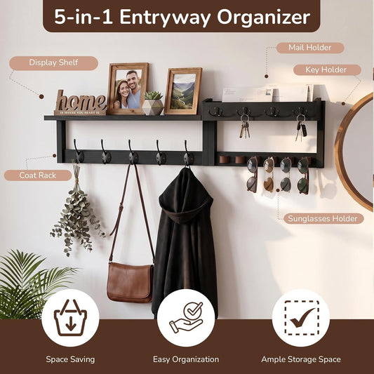 Wooden Key Holder Wall Mount with Shelf, Wall Key Rack and Mail Holder with 9 Key Hooks and 6 Sunglasses Holders, Farmhouse Key Hanger for Entryway Living Room Bedroom, Rustic Brown