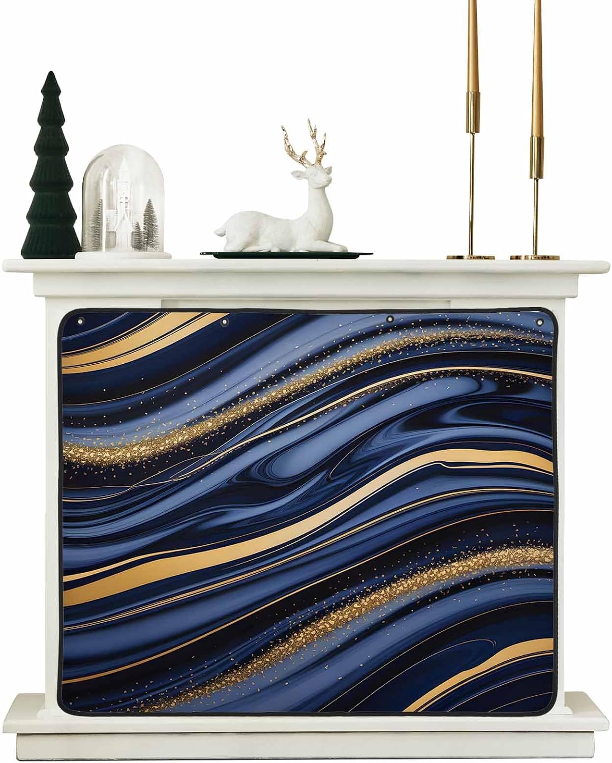 Marble Magnetic Fireplace Cover, Fireplace Draft Blocker, Navy Blue Modern Abstract Gold Gradual Art Fireplaces Blanket for Heat Loss/Cold Air, Fireplaces Draft Stopper Cover for Inside 45''x34''