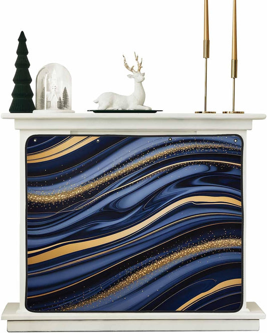 Marble Magnetic Fireplace Cover, Fireplace Draft Blocker, Navy Blue Modern Abstract Gold Gradual Art Fireplaces Blanket for Heat Loss/Cold Air, Fireplaces Draft Stopper Cover for Inside 45''x34''