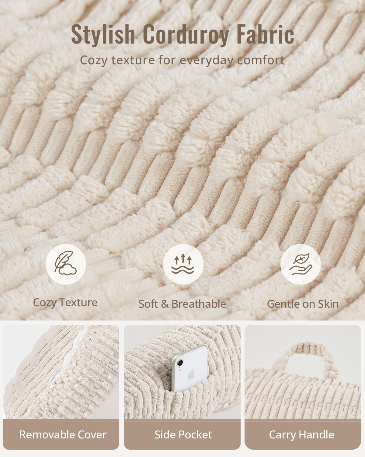 Blissful Diary Reading Pillow, Backrest Pillow with Shredded Memory Foam for Adult & Children, Designed for Bed and Couch Sitting Up, Includes Arms, Pockets and Washable Cover, Off White