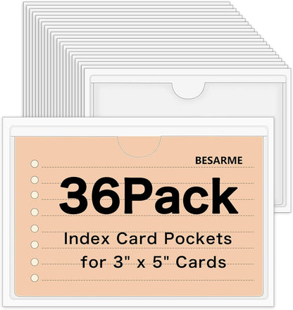36 Pack 3" x 5" Adhesive Index Card Holders Clear PVC Label Holders | Top-loading label pockets, removable adhesive, clear PVC, for bins, shelves, totes, library and office use