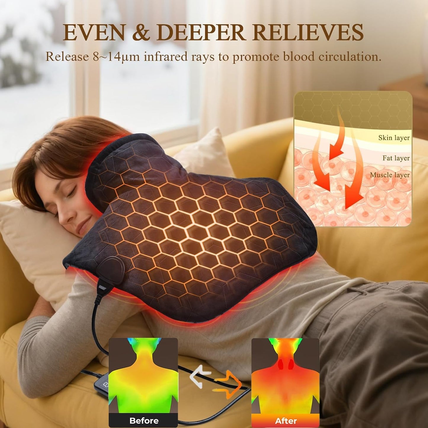 Far Infrared Heating Pad for Neck and Shoulders and Back | 6X Deeper Targeted Heat Therapy for Fast Chronic Pain Relief in Seniors – 20% Heavier, 8 Heat Levels, 4H Auto Shut Off