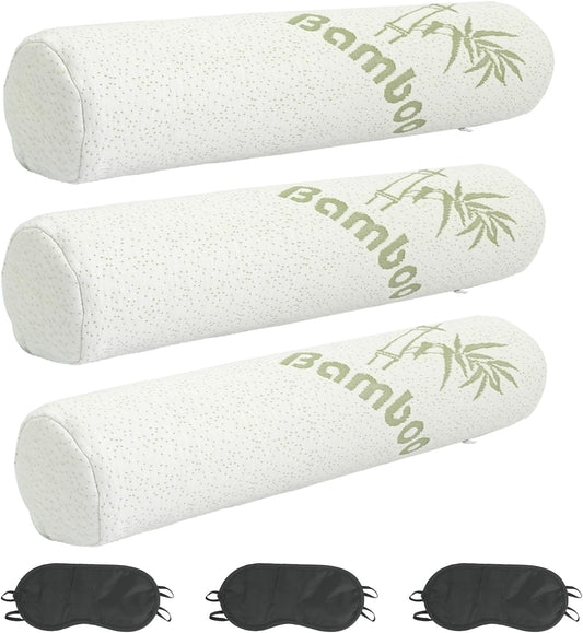 3 Pcs Cervical Neck Roll 18 x 4 Inches Removable Washable Cover Cylinder Memory Foam Pillow for Travel Yoga Sleeping Neck Back Lumbar Legs Support