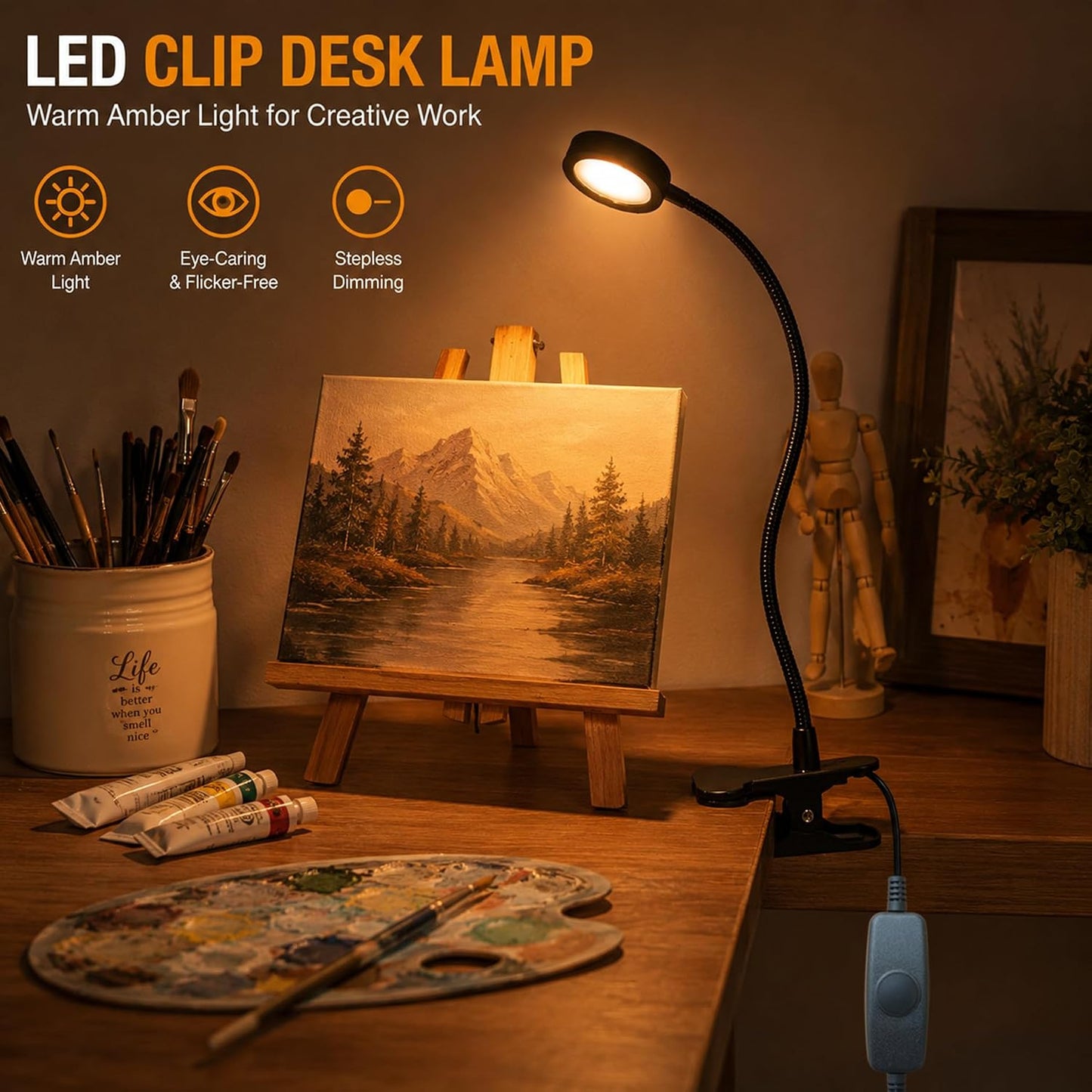 USB Clip-On Lamp, Eye Caring Dimmable Reading Light (Warm+Cool White, 8W) | Dimmable, Inline Switch, 1M Timer, USB 5V Port, 3000K+6000K, 81inch Long Cable, Flexible Gooseneck, Metal Head and Clip