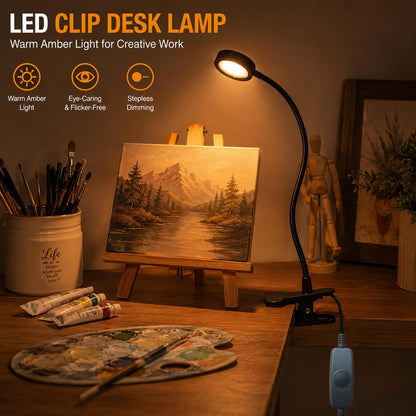 USB Clip-On Lamp, Eye Caring Dimmable Reading Light (Warm+Cool White, 8W) | Dimmable, Inline Switch, 1M Timer, USB 5V Port, 3000K+6000K, 81inch Long Cable, Flexible Gooseneck, Metal Head and Clip