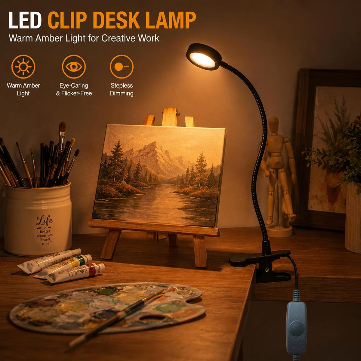 USB Clip-On Lamp, Eye Caring Dimmable Reading Light (Warm+Cool White, 8W)