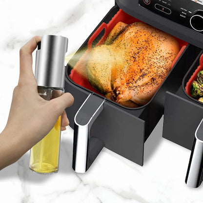 Daily Treasures 2-Pack Foldable Air Fryer Liners For Dual Air Fryer With 1-Pack Oil Sprayer Dispenser, Reusable Silicone Liner In Red