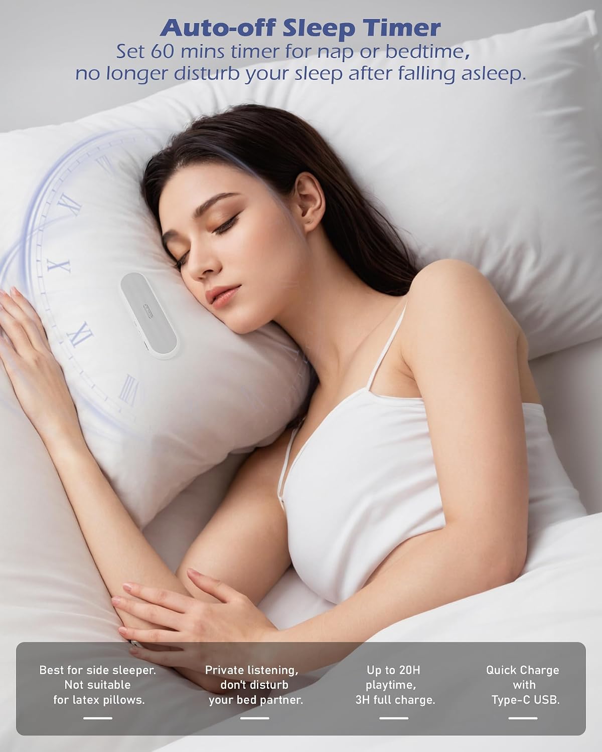 Under Pillow Bluetooth Speaker for Sleep: Private Bone Conduction Portable Speaker with White Noise - Long Battery Life for Soothing Sleep Sound (White)