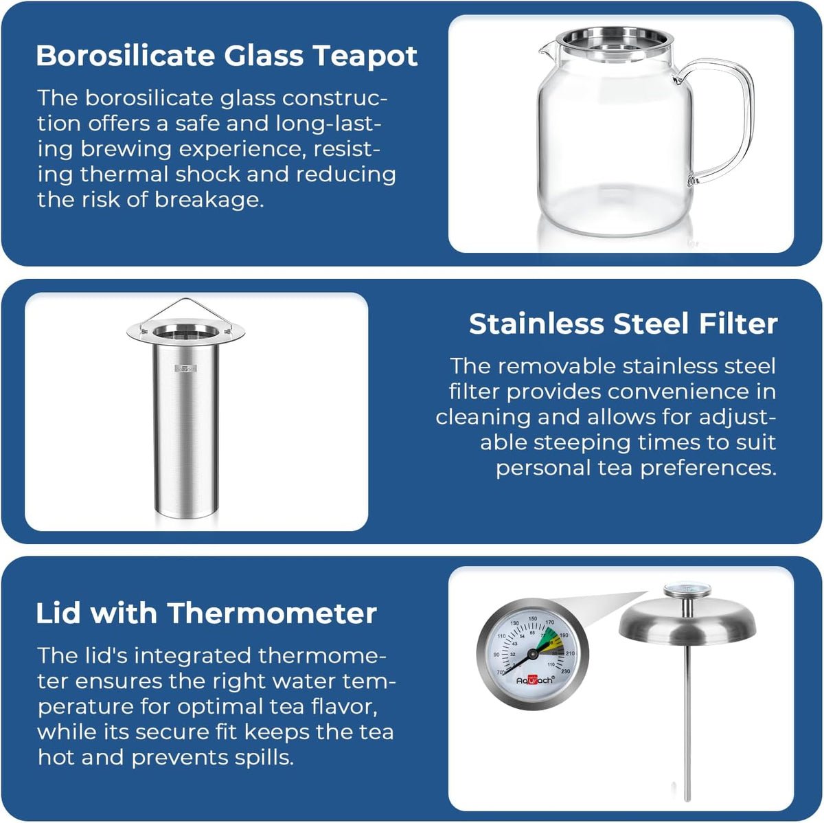 Aquach 51oz Glass Teapot with Infuser, Stovetop Safe Borosilicate Tea Pot