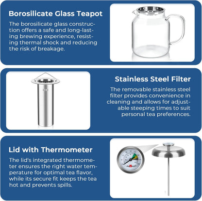 Aquach 51oz Glass Teapot with Infuser, Stovetop Safe Borosilicate Tea Pot