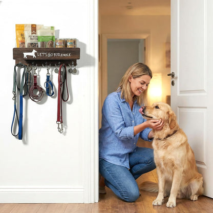 Wood Dog Leash Holder for Wall, Key Hanger with 5 Double Key Hooks | Dog Leash Hanger Wall Mounted for Entryway, Farmhouse Treats,35cm,Brown