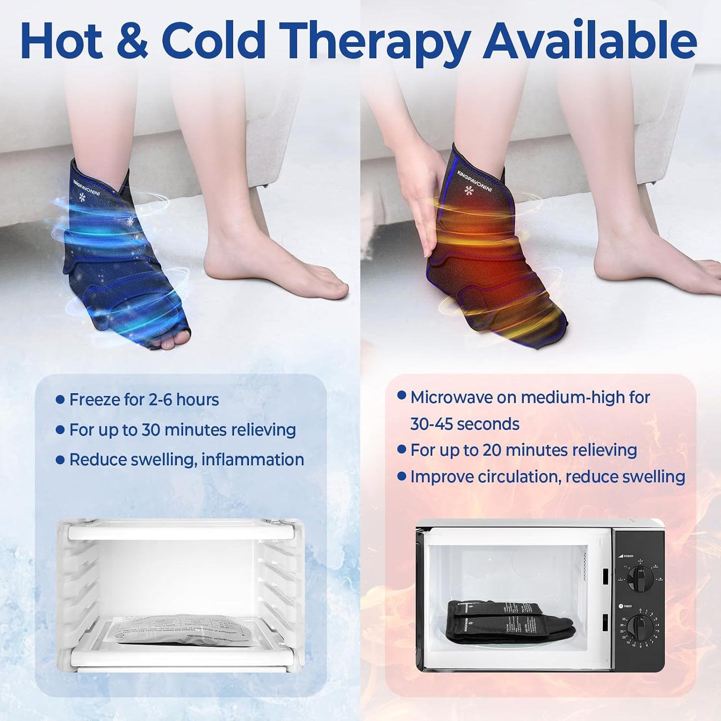 KingPavonini Ankle Foot Ice Pack Wrap, XL, Blue, 1 Wrap + 4 Gel Packs | 30-Min Long-Lasting & Leakproof, Full Coverage for Feet Pain Relief, Hot & Cold Therapy, Insertable Ice Packs, Easy-to-Wear