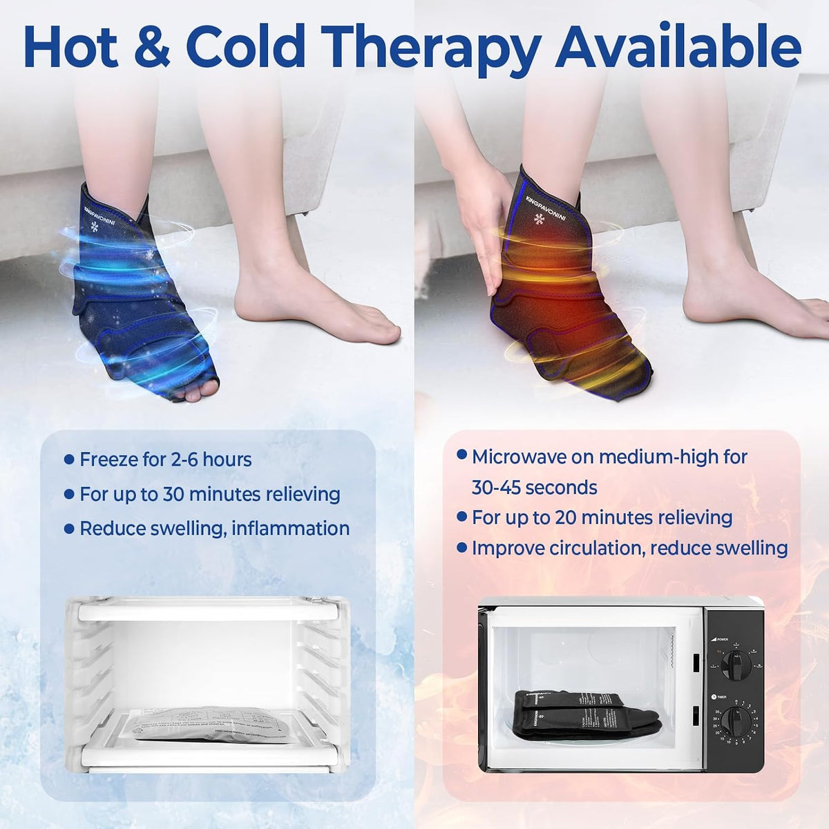 KingPavonini Ankle Foot Ice Pack Wrap, XL, Blue, 1 Wrap + 4 Gel Packs