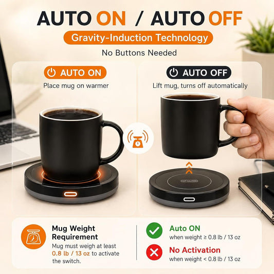 Smart Coffee Warmer, BESTINNKITS Auto On/Off Gravity-Induction Mug Warmer for Office Desk Use, Candle Wax Cup Warmer Heating Plate (Up to 131F/55C) (Black)