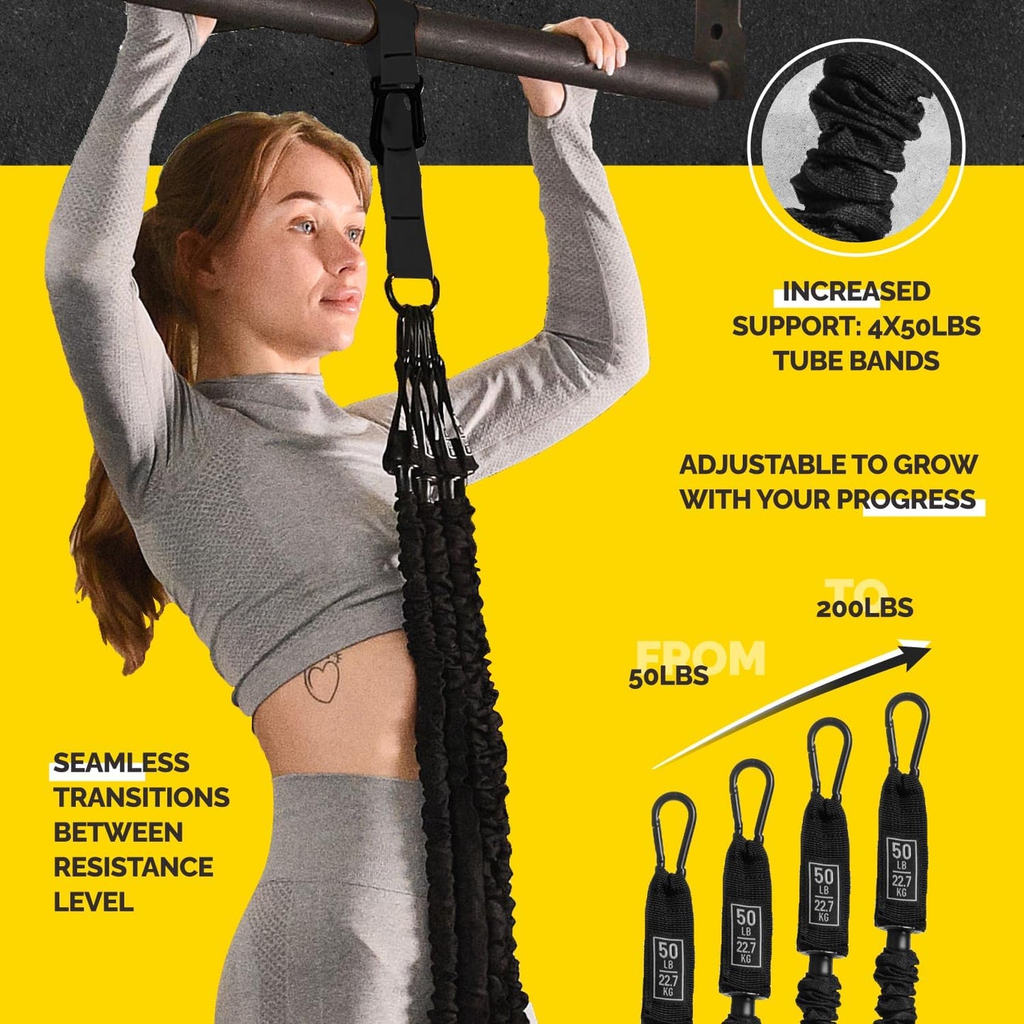 Pull Up Assistance Bands Set with 4 Levels, Adjustable Strap and Foot Rest | 50–200 lb stackable pull-up assistance, nylon-sleeved bands, adjustable support, reduced snap-back risk