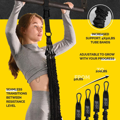 Pull Up Assistance Bands Set with 4 Levels, Adjustable Strap and Foot Rest | 50–200 lb stackable pull-up assistance, nylon-sleeved bands, adjustable support, reduced snap-back risk