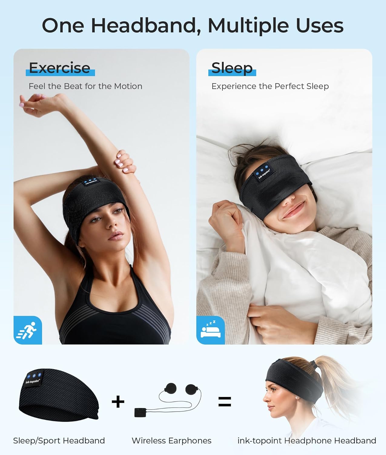 ink-topoint Sleep Headphones Bluetooth Headband, Wireless Sports Earphones | Sleeping Headphone for Side Sleepers with HD Stereo Speakers Breathable Headbands for Running, Yoga, Travel, Women&Men