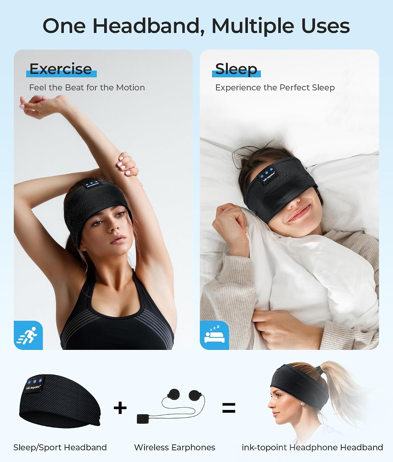 ink-topoint Sleep Headphones Bluetooth Headband, Wireless Sports Earphones | Sleeping Headphone for Side Sleepers with HD Stereo Speakers Breathable Headbands for Running, Yoga, Travel, Women&Men