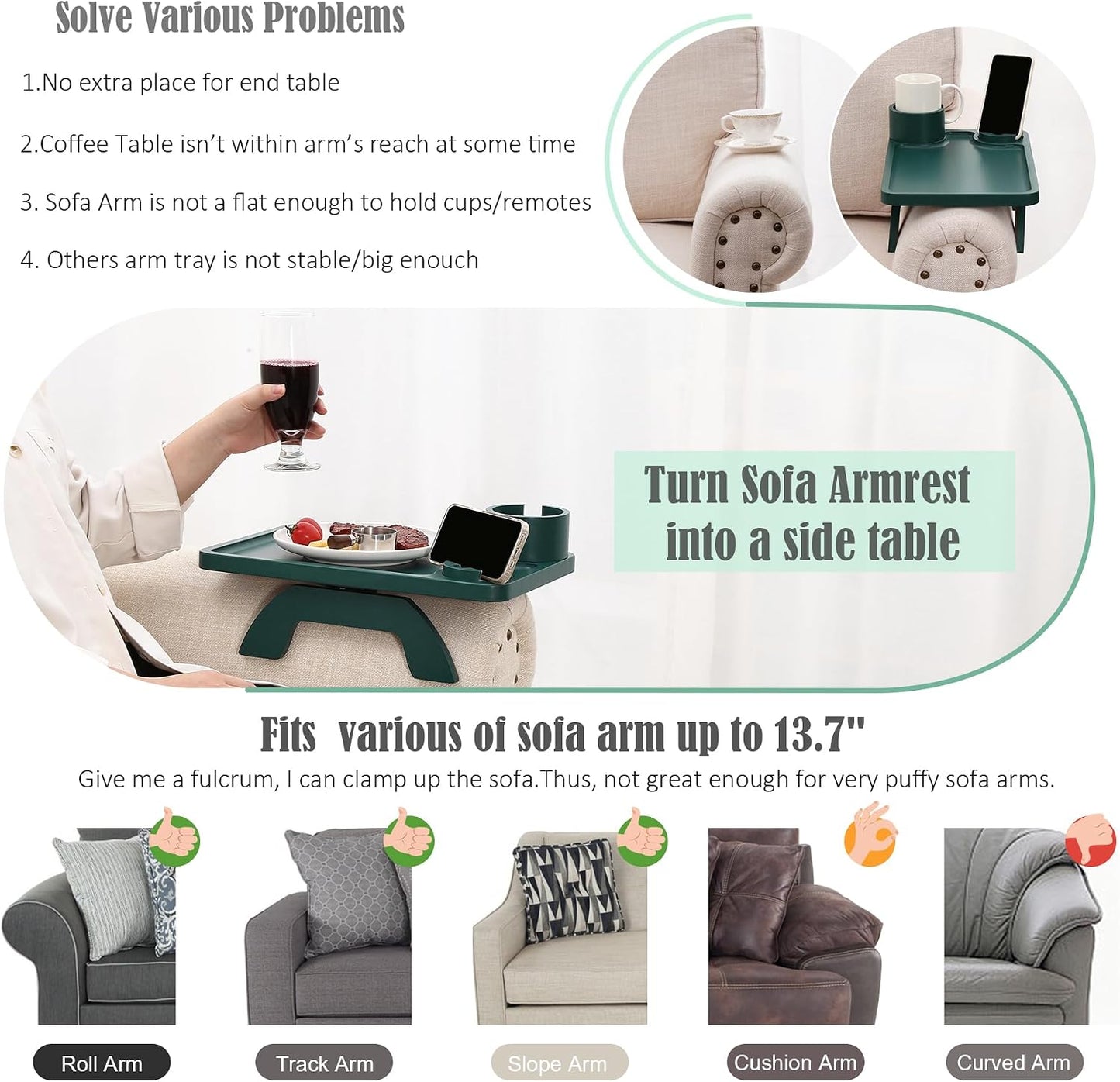 Nnewvante Couch Cup Holder Tray, 3 in 1 Large 15.36"x9.85" Acacia Wood Sofa Arm Clip on Tray Table with 360°Rotated Phone Holder on Armrest
