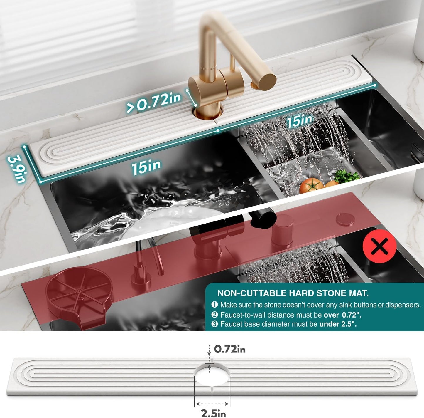 Stone Faucet Mat for Kitchen Sink – Diatomite Drying Stone Mat & Sink Protector, Prevents Moisture – Sink Splash Guard Water-Absorbing Stone Tray for Bathroom Counter (Light Grey, 20" x 3.9")