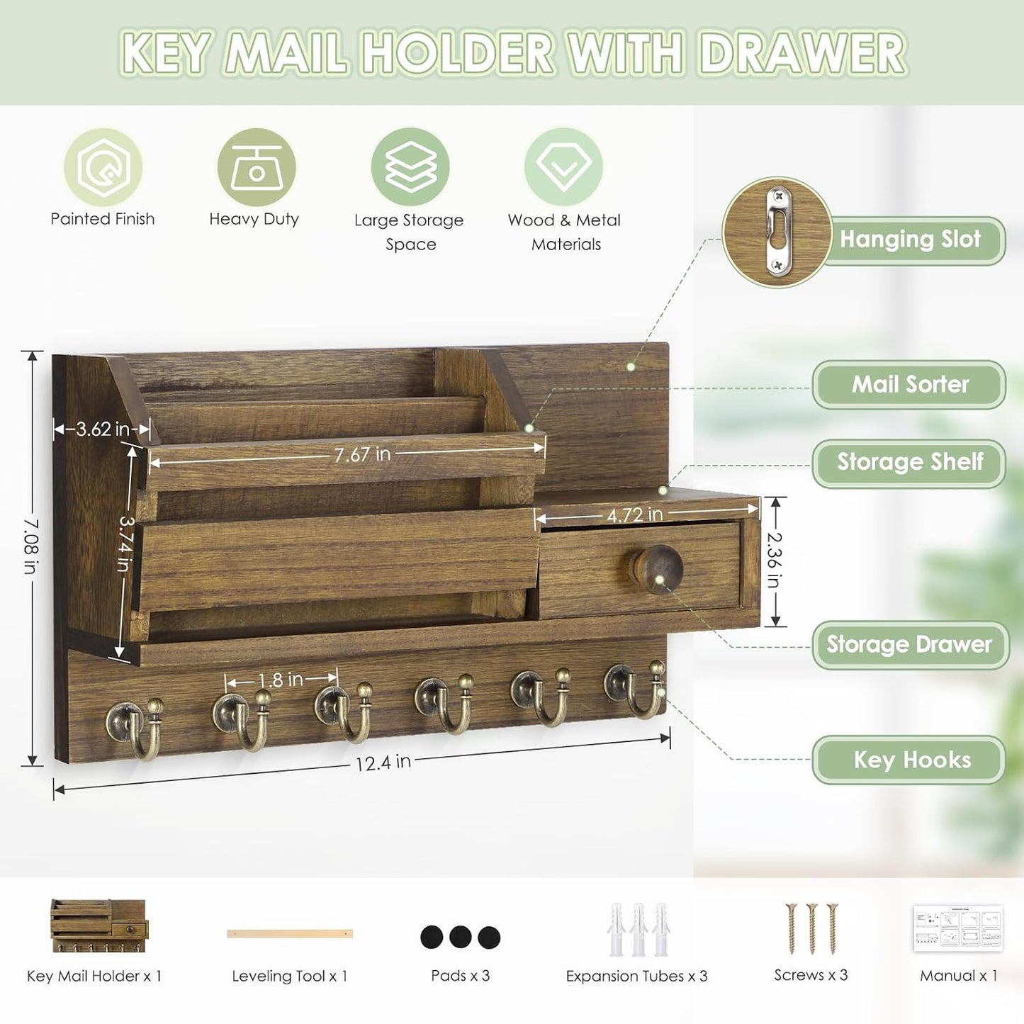 VIS'V Key Holder Wall Mount, Wooden Mail and Key Organizer, White | Contains Little Drawer, Small Shelf, 2 Slots, 6 Hooks, for Entryway, Hallway, Doorway, Kitchen, Garage, RV