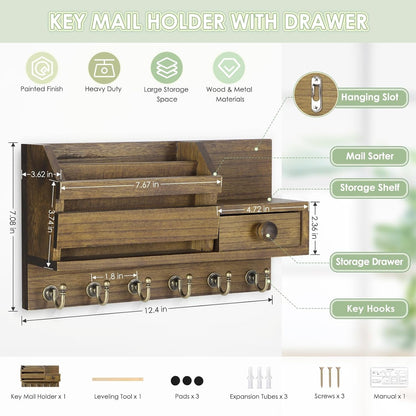 VIS'V Key Holder Wall Mount, Wooden Mail and Key Organizer, White | Contains Little Drawer, Small Shelf, 2 Slots, 6 Hooks, for Entryway, Hallway, Doorway, Kitchen, Garage, RV