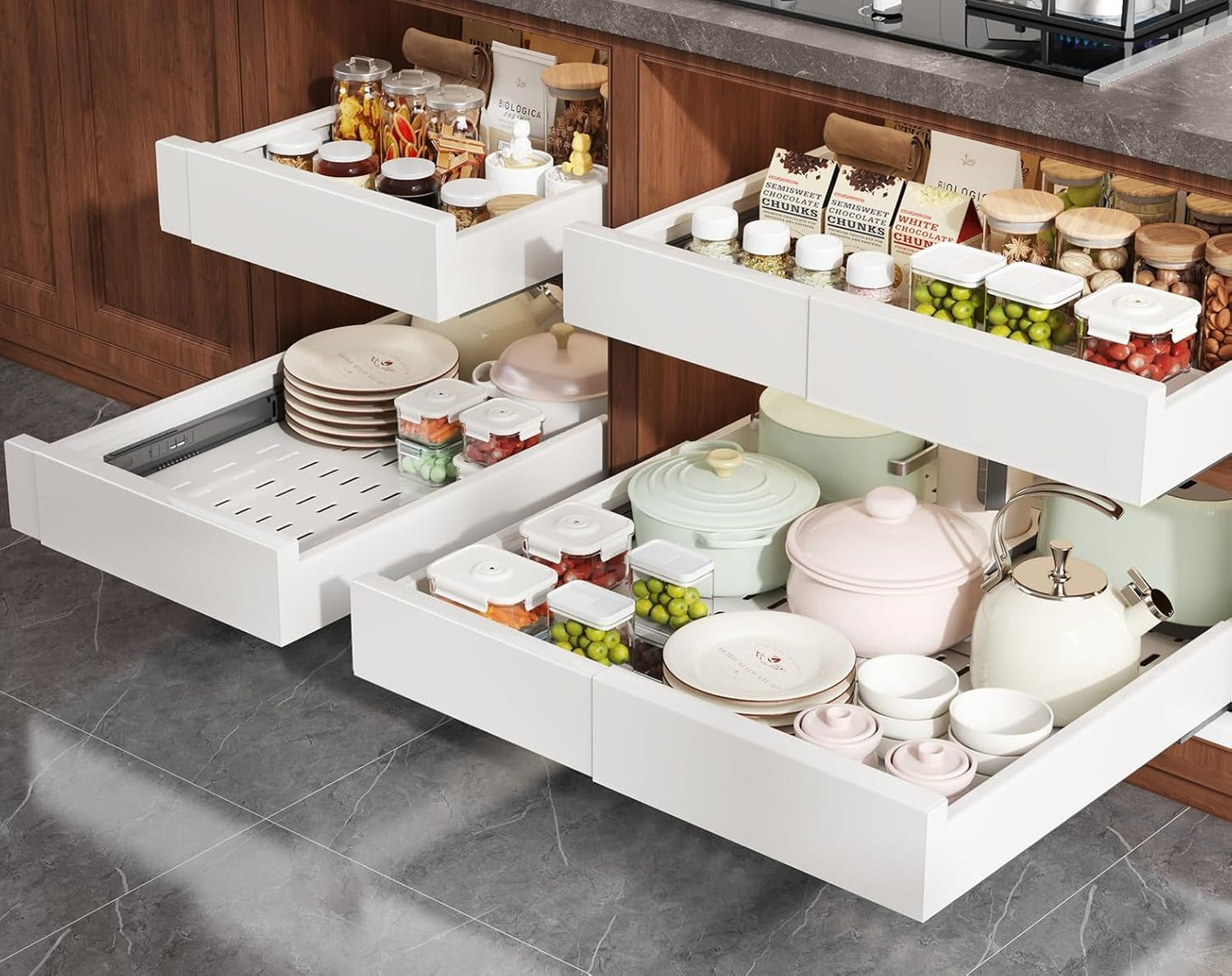 Seinloes Pull Out Cabinet Organizer,4-Side Expandable to Maximize Cabinet Space,Slide Out Drawers with 3 Rail Design,Roll Out Shelf with Raising Pad for Framed Cabinet,13"-21"W x 17"-24"D,White,2 Pack