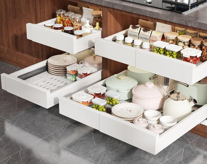Seinloes Pull Out Cabinet Organizer,4-Side Expandable to Maximize Cabinet Space,Slide Out Drawers with 3 Rail Design,Roll Out Shelf with Raising Pad for Framed Cabinet,13"-21"W x 17"-24"D,White,2 Pack