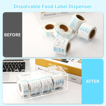 Adjustable Label Dispenser 4 Disks Sticker Roll Holder Acrylic Sticker Dispenser 9" x 3.5" x 3.5" Dissolvable Food Label Sticker Holder Organizer Label Stand for Date Sticker Label Desktop（No Label）
