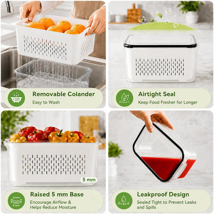 UFORU 4 Pack Fruit Storage Containers, Airtight Produce Saver for Fridge | Airtight refrigerator storage containers with removable colander and stackable design for berries, fruits and vegetables