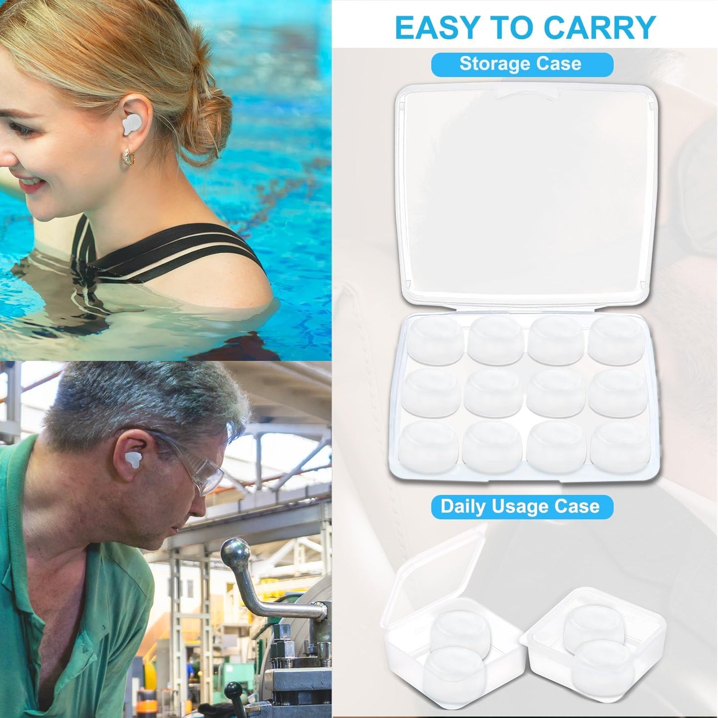 Ear Plugs for Sleeping, 16 Moldable Noise Cancelling Silicone Earplugs for Swimming, Snoring, Sleep and Studying, Blue