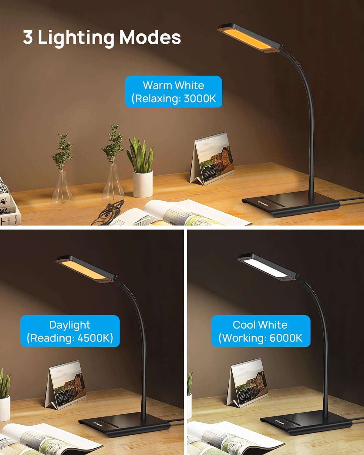 TROND Desk Lamp, Dimmable Eye-Caring Table Lamp, Memory Function, Black | 3 Color Modes 7 Brightness Levels, Flexible Gooseneck, Touch Control, Desk Light for Home Office Dorm Room Essentials