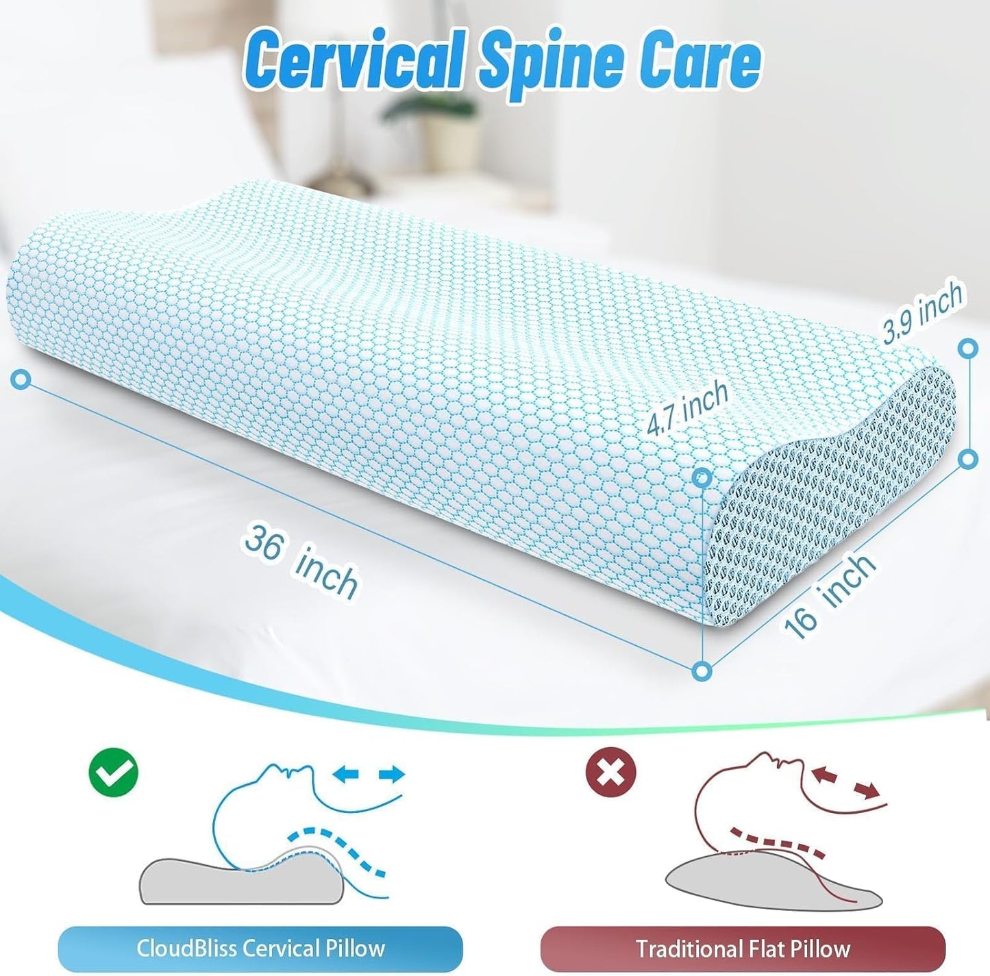 Neck Pillow for Sleeping, Ergonomic Cervical Bed Pillow, Blue Standard Size | Memory Foam Bed Pillow for Side Back Stomach Sleepers, Contour Fit Neck Pillow for Sleeping and Neck Pain Relief