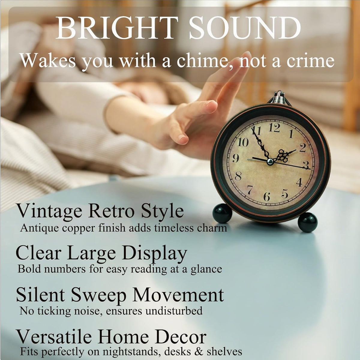 Vintage Analog Alarm Clock, 5.5 inch Hangable Super Silent Non Ticking Clock for Living Room, Bedroom, Desk, Gift Clock for Children Adults and Artist(Arabic)