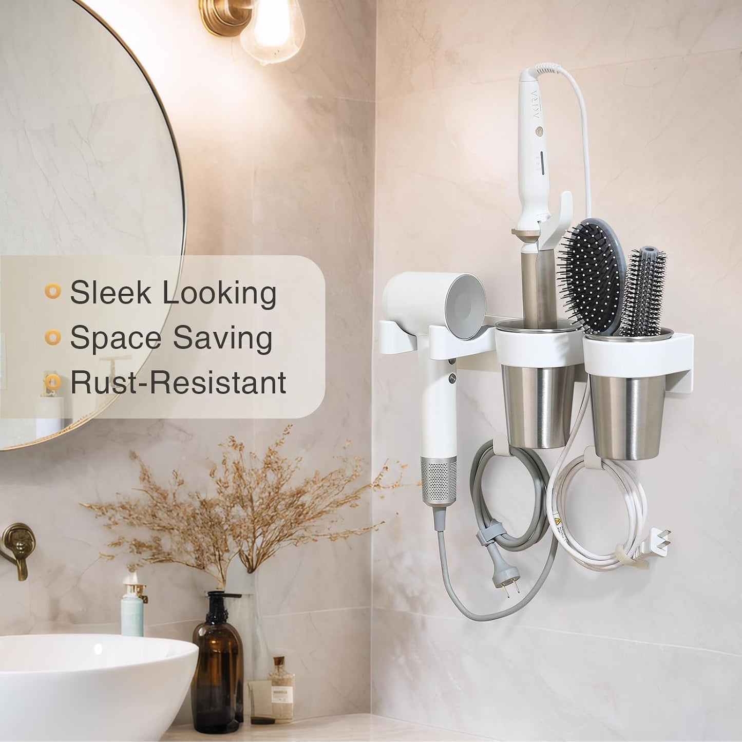 Hair Tool Organizer, Curling Iron Holder, Countertop/Wall Mount | Hair Brush & Spray Organizer, Hot Tools Holder for Vanity Bathroom, Under Sink/Adhesive/Screw Mount, Acrylic, Clear