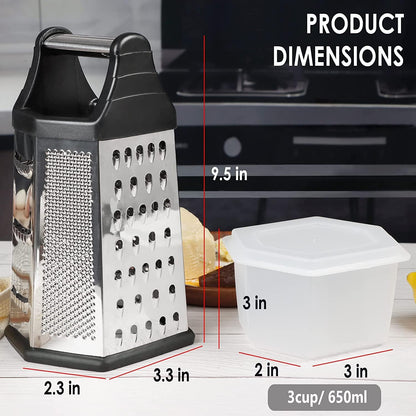 Box Grater, Cheese Grater Shredder Stainless Steel with 6 Sides, Best for Parmesan Cheese, Vegetables, Potatoes, Carrot, Ginger, Mandoline Vegetable Slicer with Detachable Container, Silver
