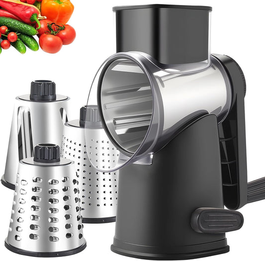 Weltonhm 4 in 1 Large Rotary Cheese Grater Hand Crank (black, 3 Graters) | Cheese Shredder Rotary and Slicer with 4 Stainless Steel Blades for Vegetables, Veggie and Cheese, Stronger Suction Base
