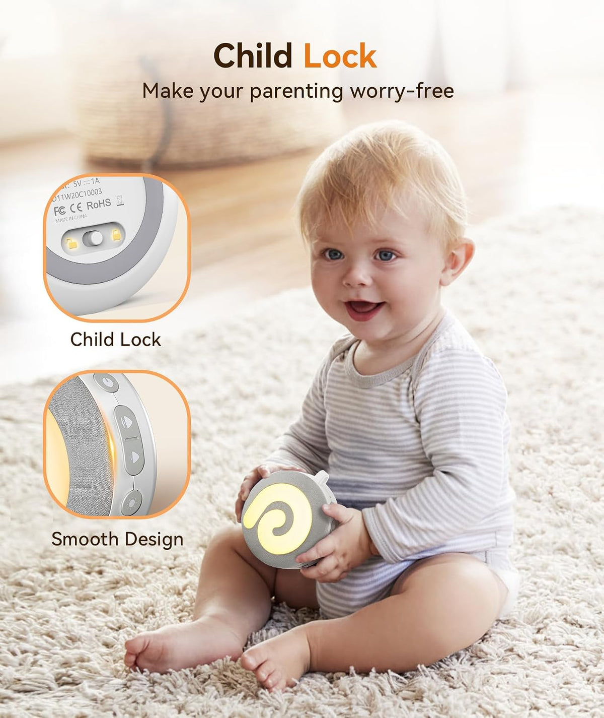 Dreamegg Portable Sound Machine Baby - D11 White Noise Machine for Baby Sleeping with Night Light, White Noise, Lullaby, Nature Sounds, Child Lock, USB Rechargeable Sound Machine for Travel Nursery