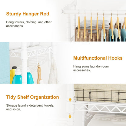 U14 Over Washer and Dryer Storage Shelves, 4 Tiers Laundry Room Storage and Organizer System, Space Saving Clothes Drying Rack with 2 Clothes Hanger Rods, 66.5" W x 20.5" D x 77.4" H, Black