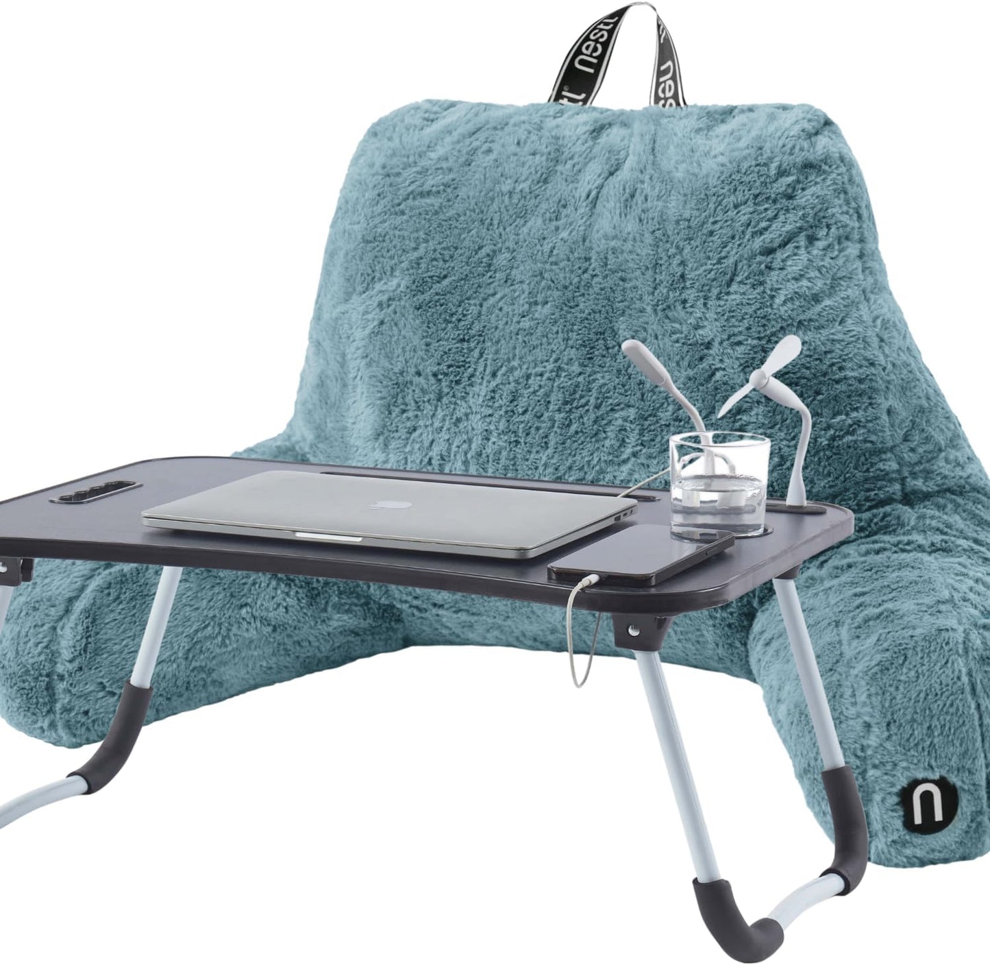 Nestl Fur Reading Pillow with Shredded Memory Foam, Stylish Back Pillow for Bed Sitting Up, Faux Fur Reading Pillows for Sitting in Bed Adult & Kids, Sit Up Back Support Pillow with Arms - Dark Grey