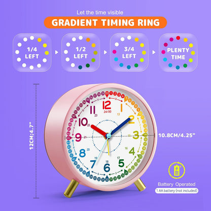 Kids Alarm Clock, Silent Non-Ticking, Analog Learning Clock for School Beginners, Stylish Round Metal Clock, Easy to Read, Battery Operated, Loud Ringing Back to School Gifts
